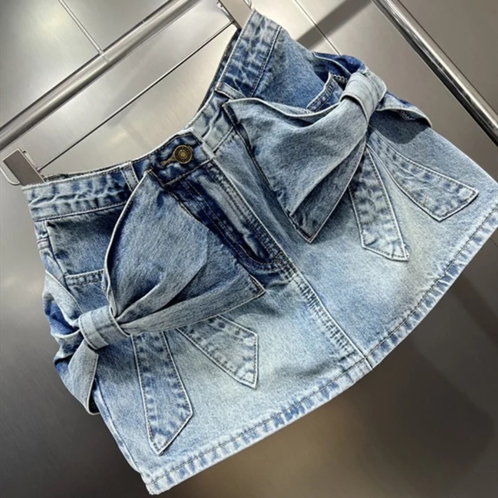 F21 Denim Mini Bow Skirt